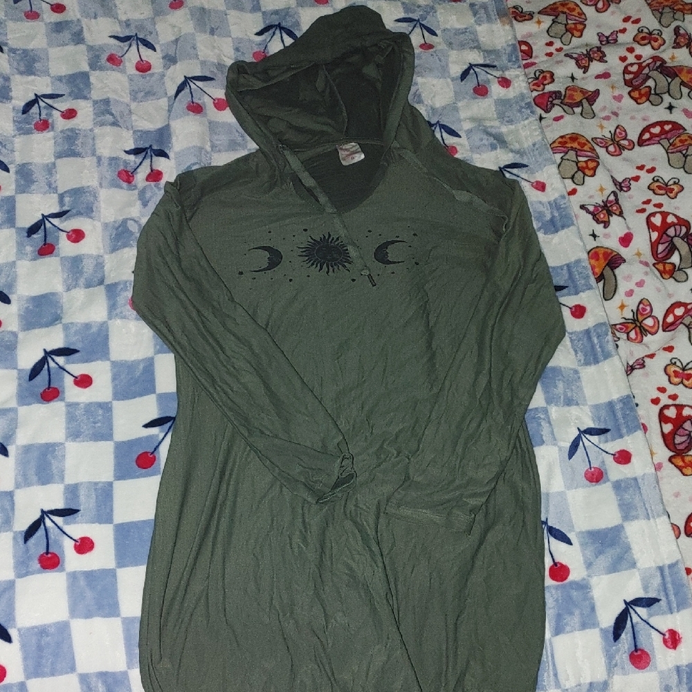 No Boundaries Olive Green Hooded Long Sleeve Dress with Celestial Print